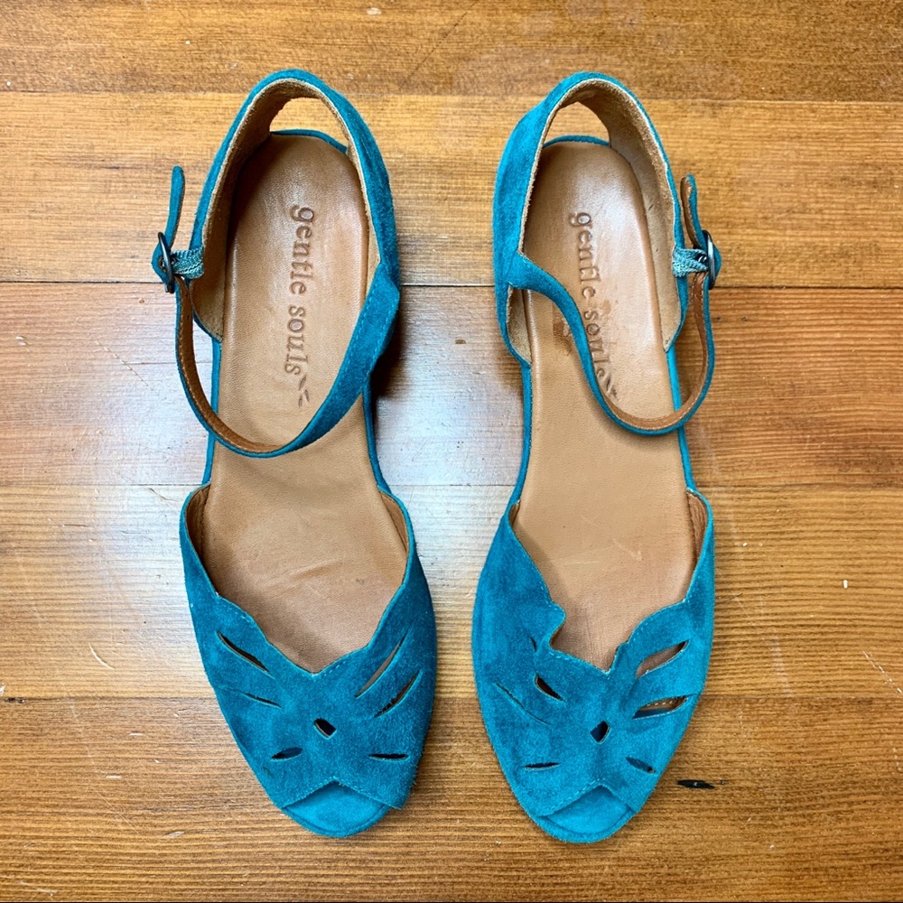 Gentle Souls Leather Teal Cutout Mini Wedge